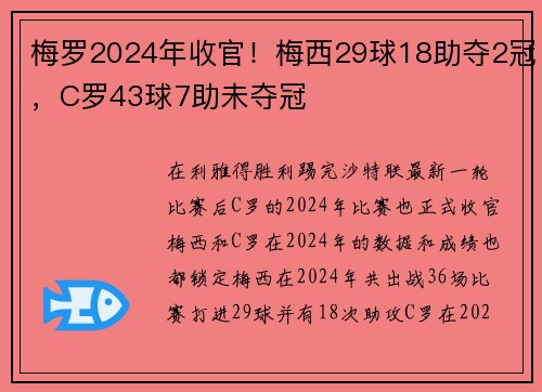 梅罗2024年收官！梅西29球18助夺2冠，C罗43球7助未夺冠