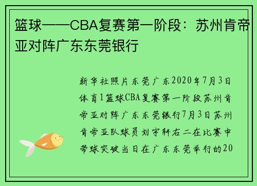 篮球——CBA复赛第一阶段：苏州肯帝亚对阵广东东莞银行